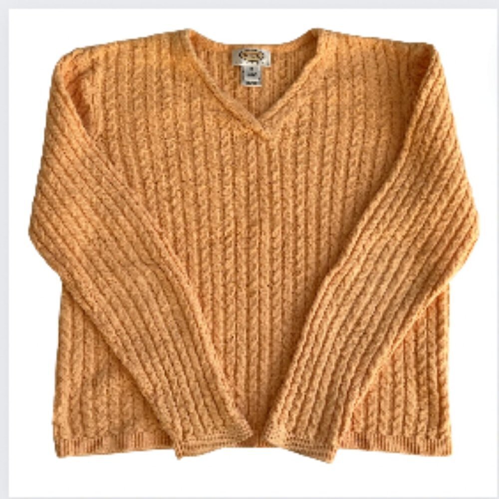 Talbots Cotton Blend Cableknit V-Neck Long Sleeve Sweater, Gold Yellow, PM